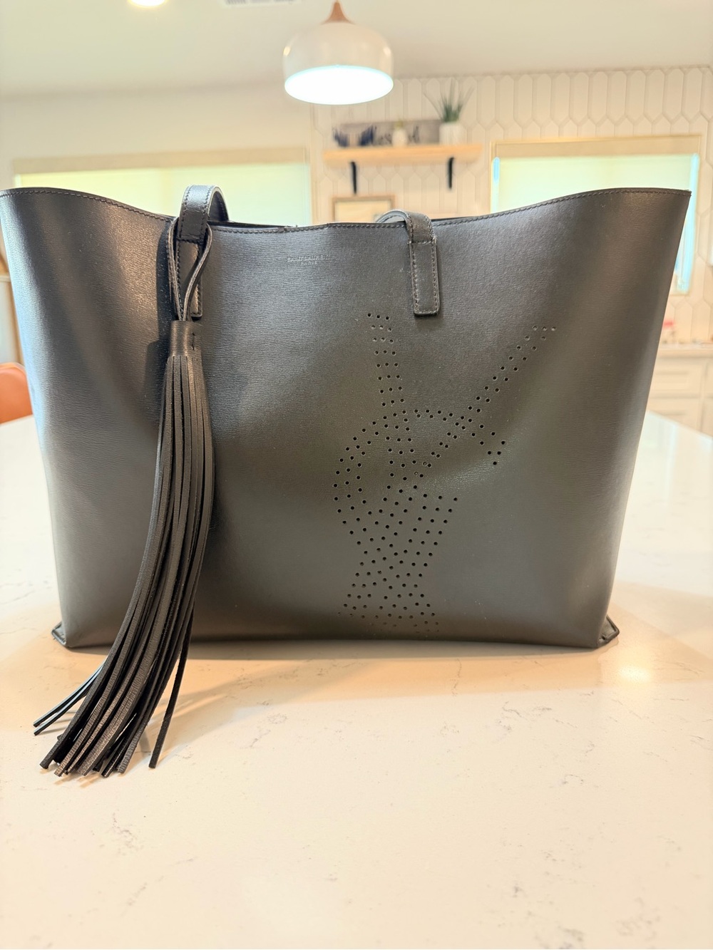 Saint Laurent East West Perforated YSL Black Leather Tote - Authentic